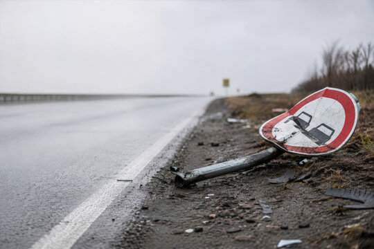 Damaged no overtaking road sign lies beside a wet highway. Space for text.
