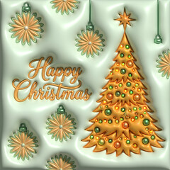 Trójwymiarowa grafika świąteczna przedstawia bogato zdobioną, złotą choinkę z zielonymi bombkami oraz napis „Happy Christmas”. Całość dopełniają wiszące ozdoby na miękkim, jasnym tle. © tomo81