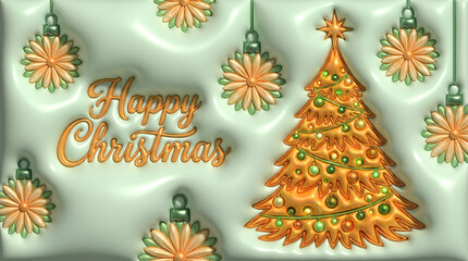 Trójwymiarowa grafika świąteczna przedstawia bogato zdobioną, złotą choinkę z zielonymi bombkami oraz napis „Happy Christmas”. Całość dopełniają wiszące ozdoby na miękkim, jasnym tle. © tomo81