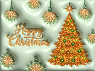 Trójwymiarowa grafika świąteczna przedstawia bogato zdobioną, złotą choinkę z zielonymi bombkami oraz napis „Happy Christmas”. Całość dopełniają wiszące ozdoby na miękkim, jasnym tle. © tomo81