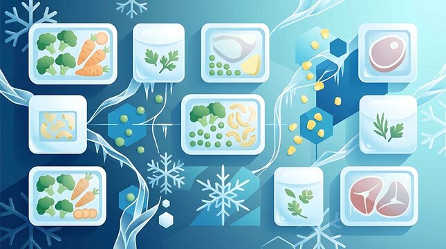 Frozen Food Assortment: Broccoli, Carrots, Pasta, Peas, Meat, and Parsley in Freezer Containers with Ice and Snowflakes