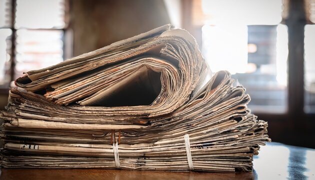 a neatly stacked pile of old newspapers captures a sense of nostalgia representing the passage of time and the evolution of media in a fast paced digital world