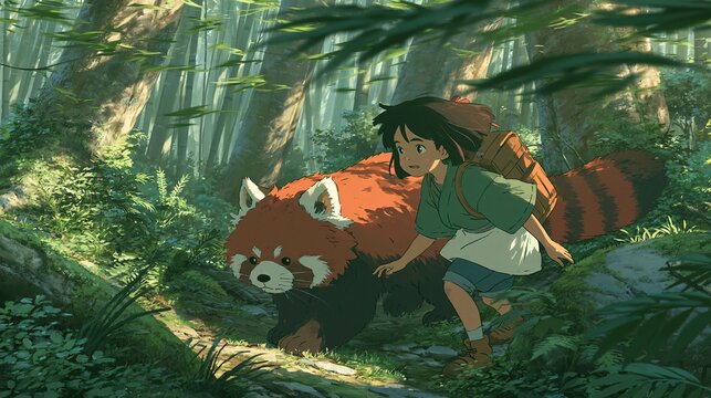 Young girl with backpack running alongside a red panda through a sun-dappled, lush green forest
