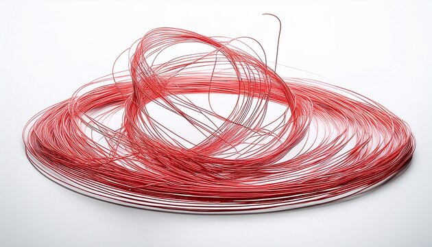 fine red thread floating in the air in a circular pattern isolated on white background