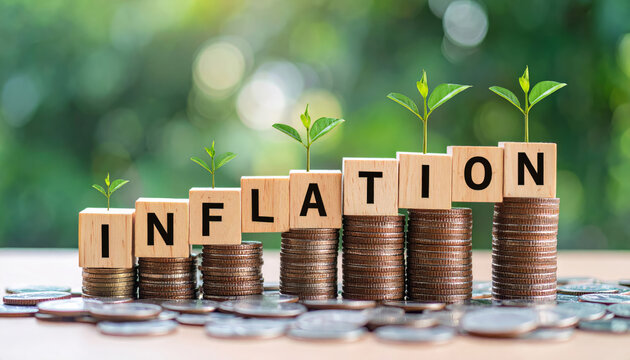 Inflation concept with money increasing on wooden cubes