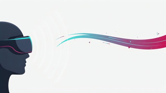 Minimalist human profile wearing virtual reality headset projecting abstract digital flowing color stream graphics with extending white background