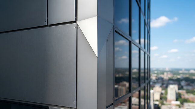 Modern skyscraper facade detailing with metallic cladding panels and reflective glass windows