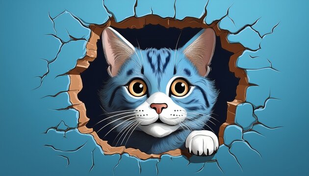curious emotional cat peeking out of a hole in the wall on a blue background cat curious emotional peeking hole wall