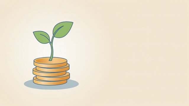 Minimalist illustration featuring green sprout growing from stacked golden coins representing financial growth with vector illustration small