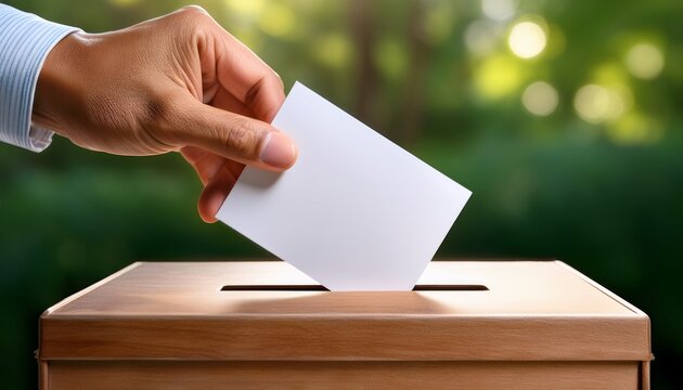 a hand gently places a white ballot into a wooden voting box symbolizing civic duty and participation in a democratic process against a blurred green backdrop
