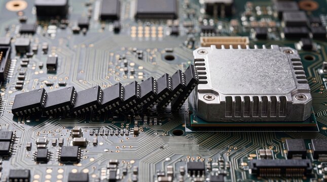 Close-up of a circuit board with intricate components and connections, showcasing modern technology's complexity.