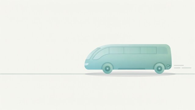 Minimalist illustration featuring a modern aerodynamic passenger bus moving swiftly along a flat horizon line with traveling horizontally with presents stylized minimalist