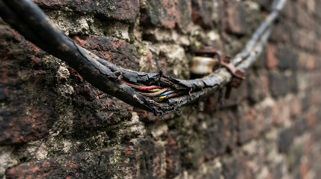 Hazardous exposed electrical cable with frayed wires against an old, weathered brick wall, signifying neglect and the potential dangers of deteriorating infrastructure requiring urgent attention