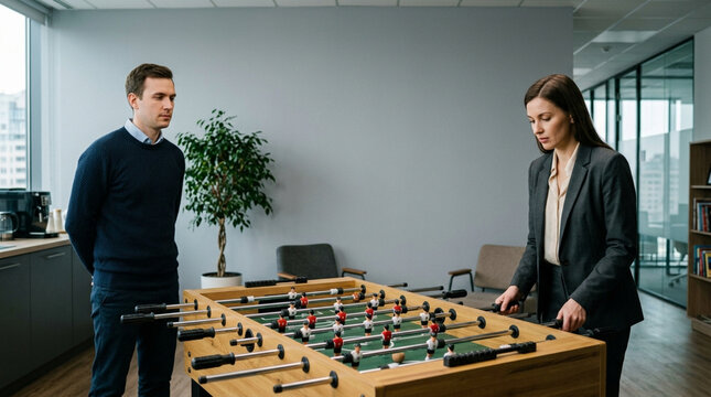 Colleagues playing foosball, office break room, teamwork and relaxation concept