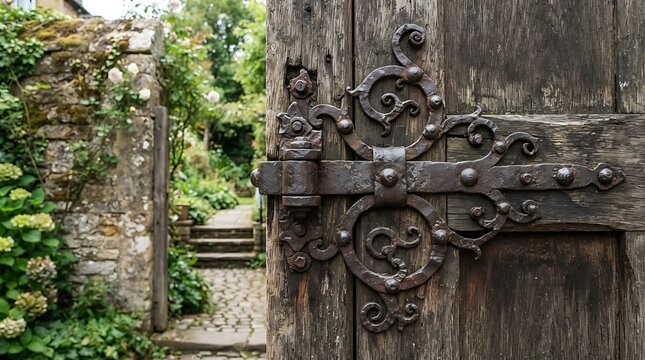 Antique wooden door with ornate metal hardware and a glimpse of a lush green garden pathway beyond