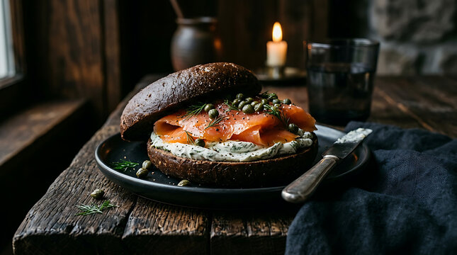 Decadent Pumpernickel Bagel Sandwich with Smoked Salmon Cream Cheese and Capers on a Rustic Table