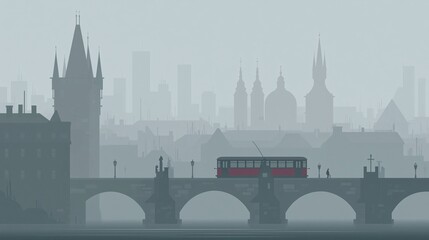 Fototapeta premium Misty European Cityscape with Historic Bridge, Tram, and Silhouetted Architecture