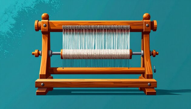 Vintage Wooden Weaving Loom with Thread on Teal Background.