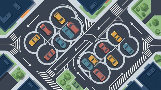 Top-down view of a busy roundabout intersection with cars navigating traffic, showing aerial perspective of urban road infrastructure, crosswalks, and surrounding buildings.