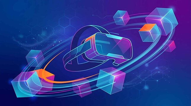 VR headset and glowing cubes in abstract futuristic digital space with network connections and hexagonal pattern background