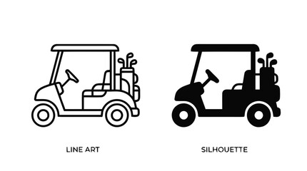 Fototapeta premium Vector illustration of golf cart line art and silhouette icons set on a transparent background