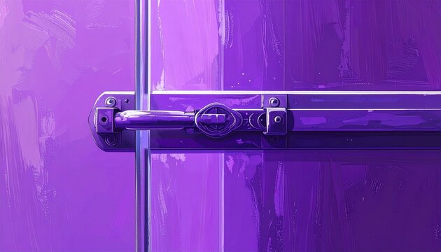 Close up of a purple metal door handle and lock.