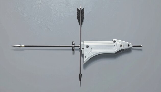 Precision arrow and mechanical component on gray background.