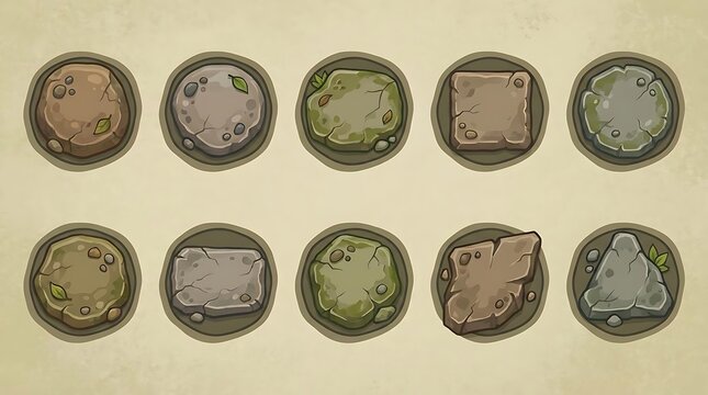 Round stylized game UI icons showing rock textures.