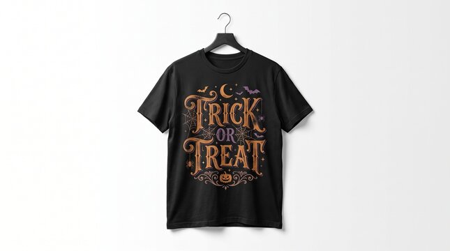 Black Halloween T shirt mockup design with vintage Trick or Treat typography spooky pumpkin moon graphics apparel print