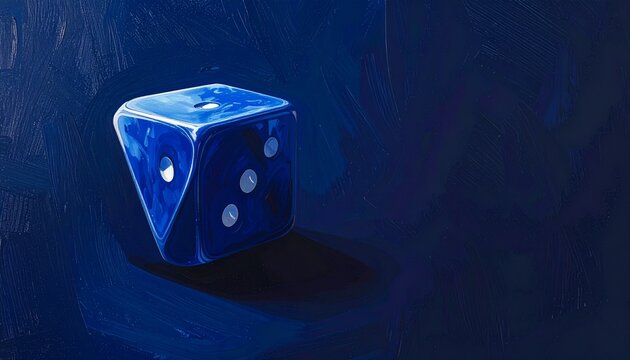 Single Blue Dice on Dark Blue Background.