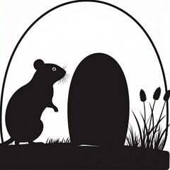 Silhouette of a mouse standing near a large egg at night. © Salam