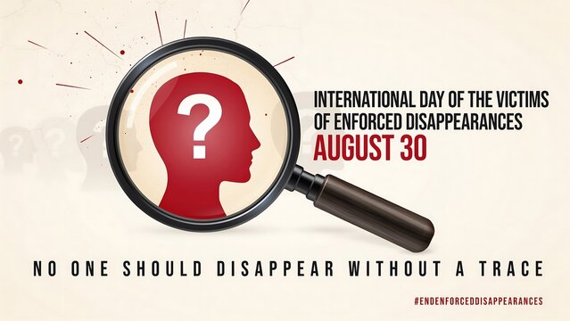 Magnifying glass on question mark silhouette for missing persons awareness