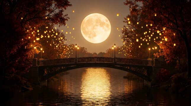 Beautiful full moon reflecting over a calm river during the traditional chinese mid autumn festival celebration night