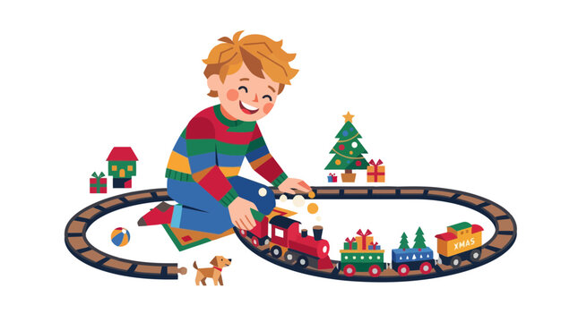 Young boy playing with toy train set around decorated christmas tree in cozy home setting flat vector illustration