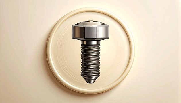 Close up of a metallic hex bolt on a light surface.