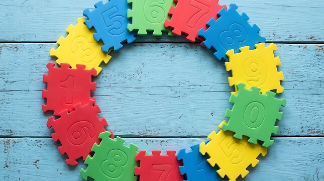 Colorful foam number puzzle pieces arranged in a circle on a rustic blue wooden background for education