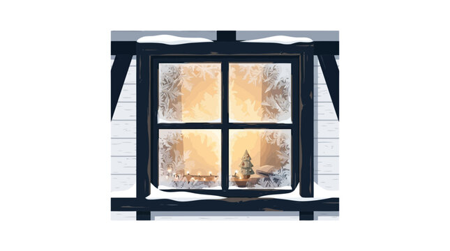 Frosted window pane with winter ice patterns and glowing Christmas tree interior view for holiday home atmosphere
