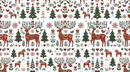 Obraz premium Scandinavian folk art inspired Christmas seamless pattern with deer and trees vector background