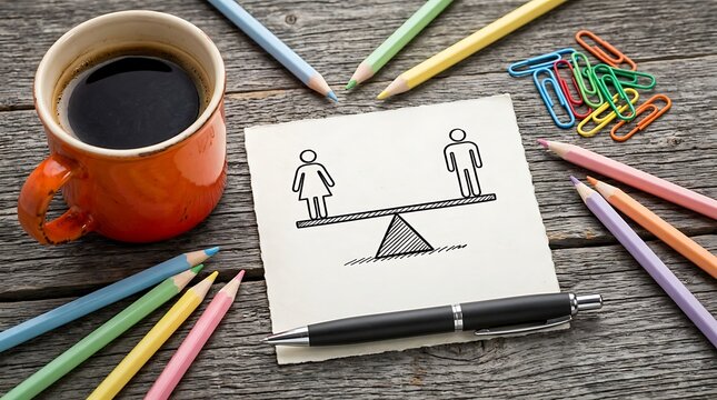 Gender equality concept drawing on paper with coffee cup and colorful stationery on rustic wooden table