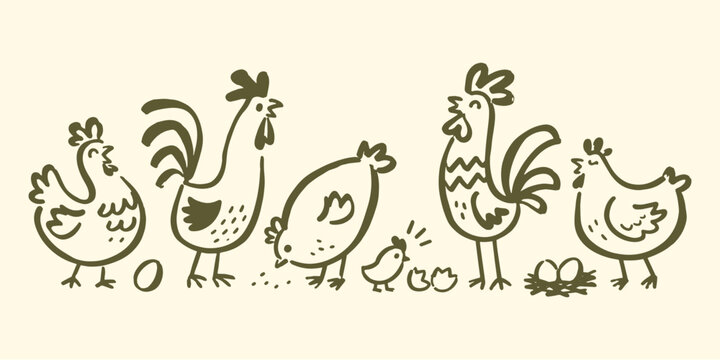 Farm Chickens and Roosters Hand Drawn Vector Set
