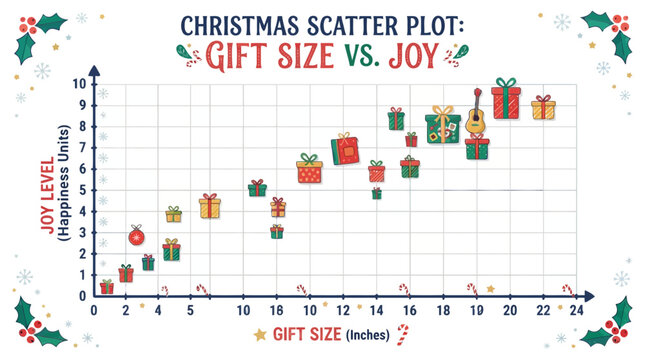Educational christmas scatter plot graph showing correlation between gift size and joy level with holiday icons