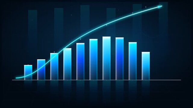 Futuristic Financial Growth Bar Chart Animated Background with Rising Glowing Line Graph and Digital HUD Display Loop