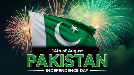 Obraz premium Pakistan independence day celebration with waving national flag and colorful fireworks in sky marking 14 August commemoration