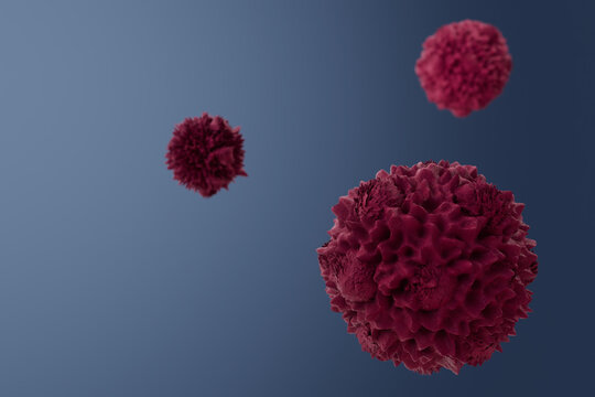3D model of red colored cells floating in dark blue background showing close-up view of cell structure and texture