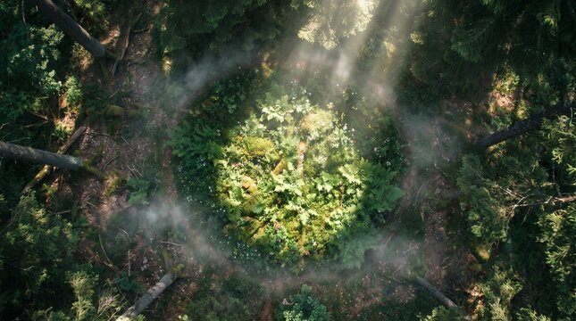 Mystical forest clearing with sunbeams, ethereal woodland glade in morning light, enchanted green forest floor with sun rays