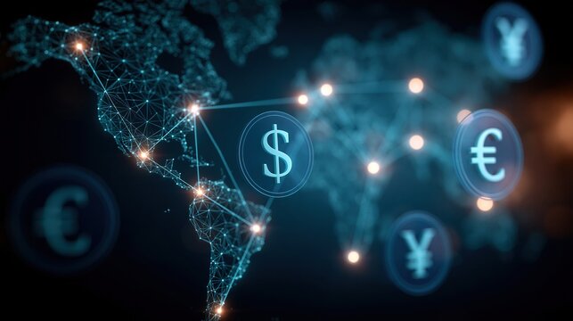 Digital world map with glowing currency symbols representing global finance and economic connectivity