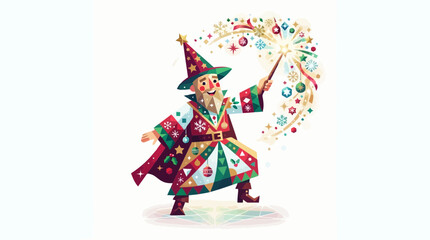 Naklejka premium Magical wizard character casting festive holiday spells with a sparkling wand surrounded by floating winter ornaments