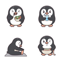 Fototapeta premium Cute Penguin Character Icon Set – Reading, Cooking, Gift Basket Kawaii Cartoon Vector Illustration