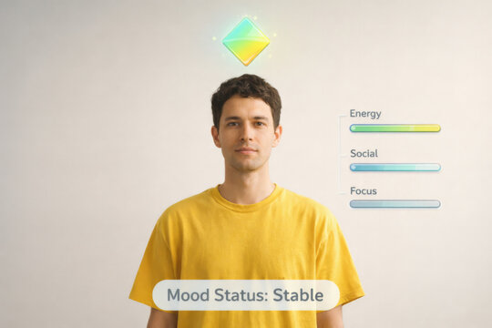 Young man mood status stable interface with energy, social, focus bars, yellow shirt, calm expression, game inspired wellbeing concept for lifestyle technology, mental health, social media background