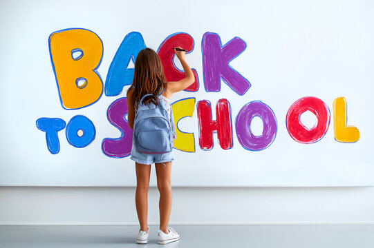 Young girl with a backpack writing the text Bck to School in big colorful letters on a modern white board in classroom